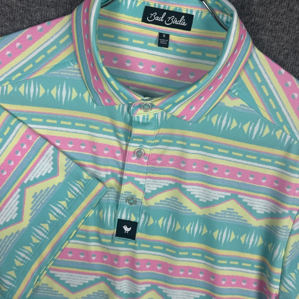 Bad Birdie Polo Shirt Men Small Performance Golf Pastel Aztec Geometric All Over